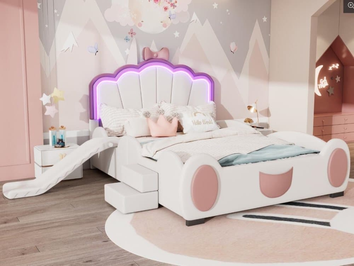 Cama Infantil De Piel Sintética 140x200 Cm - Con Tobogán Y Escalera - Con Led Y Mando A Distancia - Rosa