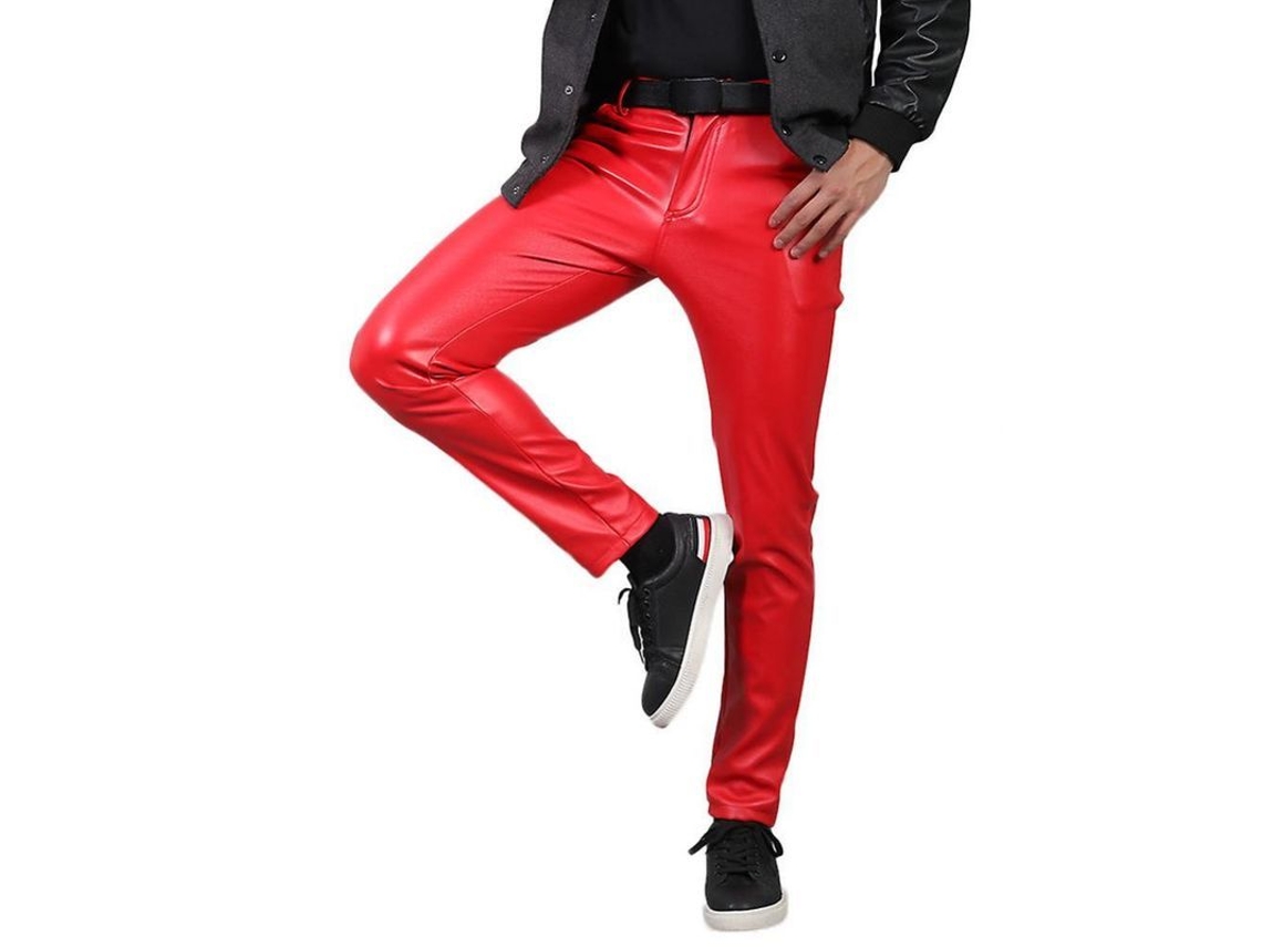 2026-10203-pantalones De Cuero Slim Fit Casual De Cintura Media Para Hombre Color Sólido Kdf Eu 33 Rojo
