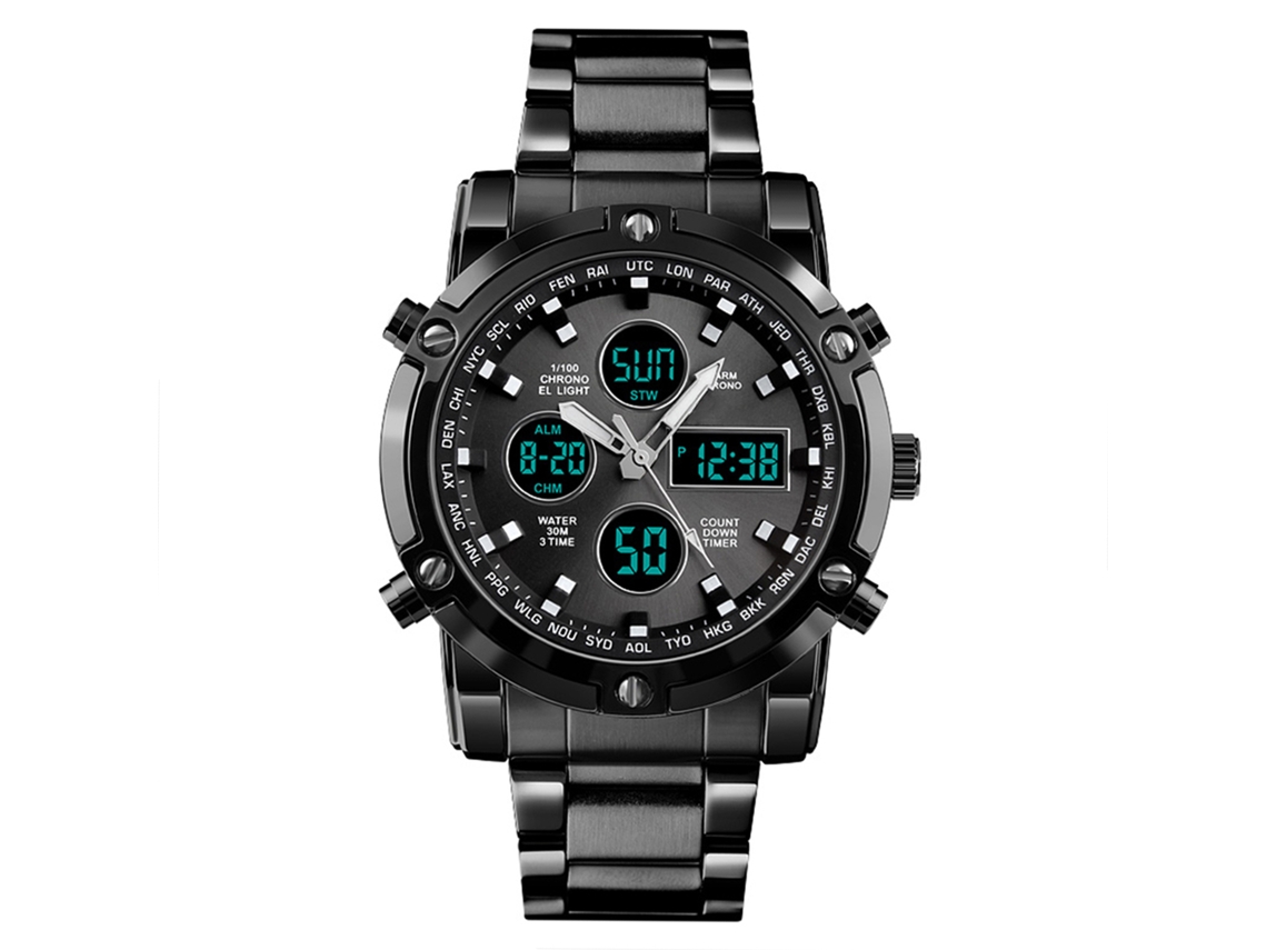 Reloj Multifuncional De Acero Inoxidable Para Hombre Con Esfera Grande, Resistente Al Agua Hasta 30 M, Negro+negro