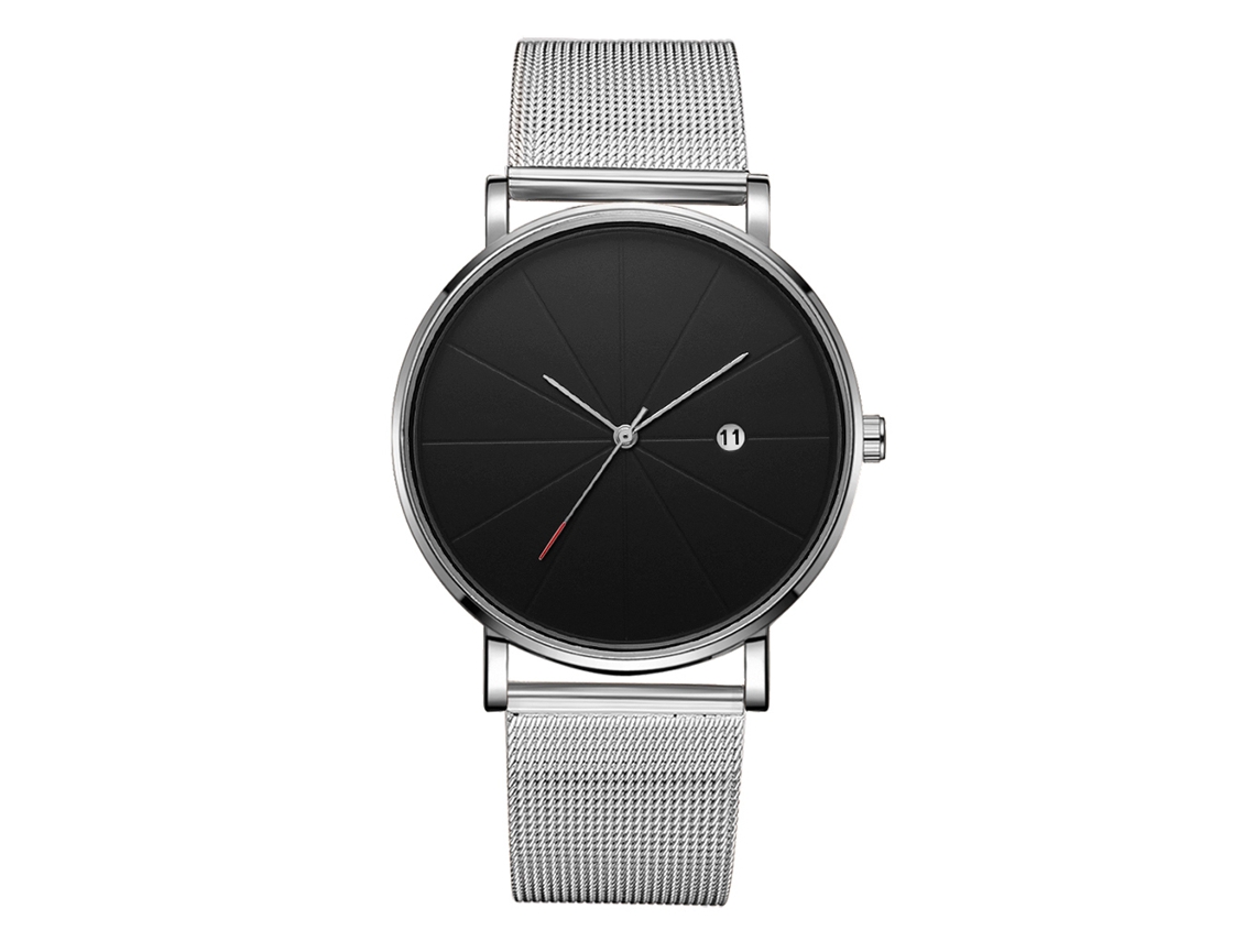 Reloj De Pulsera Mecánico De Cuarzo Con Correa Plata Caja Plata Dial Negro Mano Plata