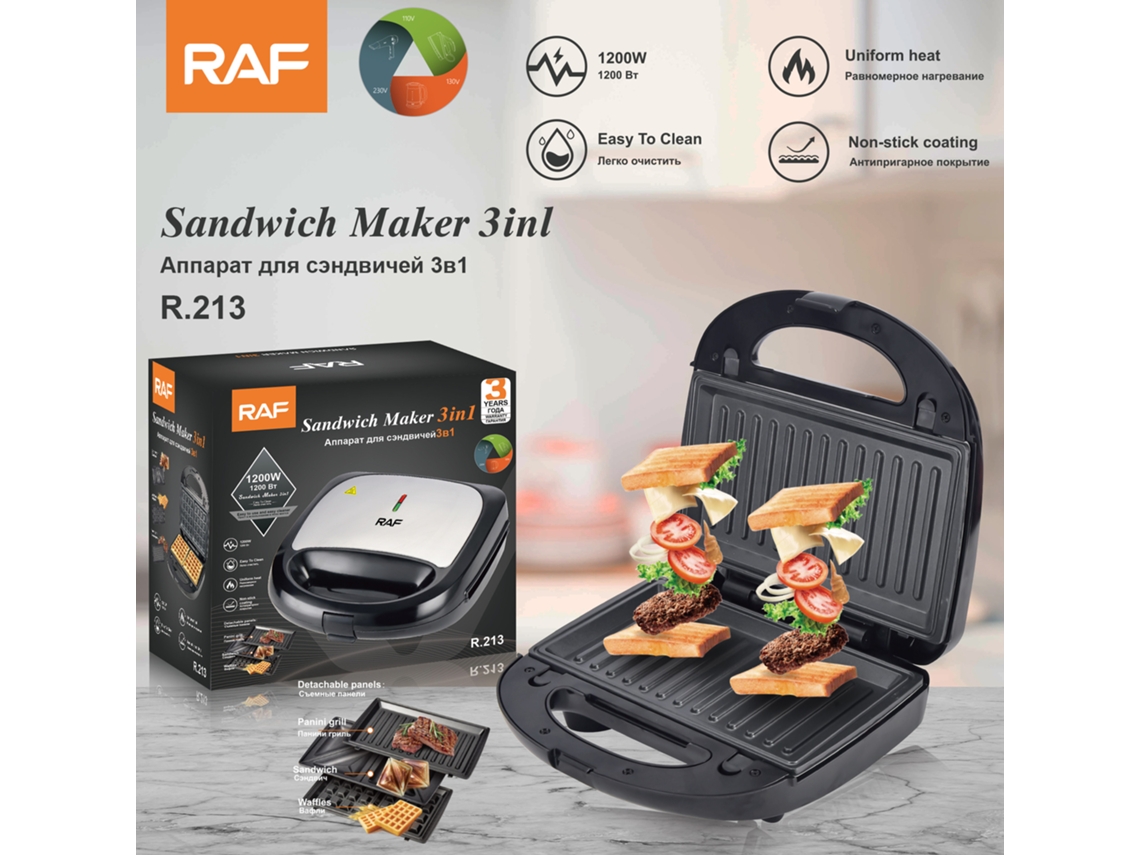 Sandwichera, tostadora y máquina de desayuno multifuncional 3 en 1 de acero inoxidable (estándar europeo). Mdug