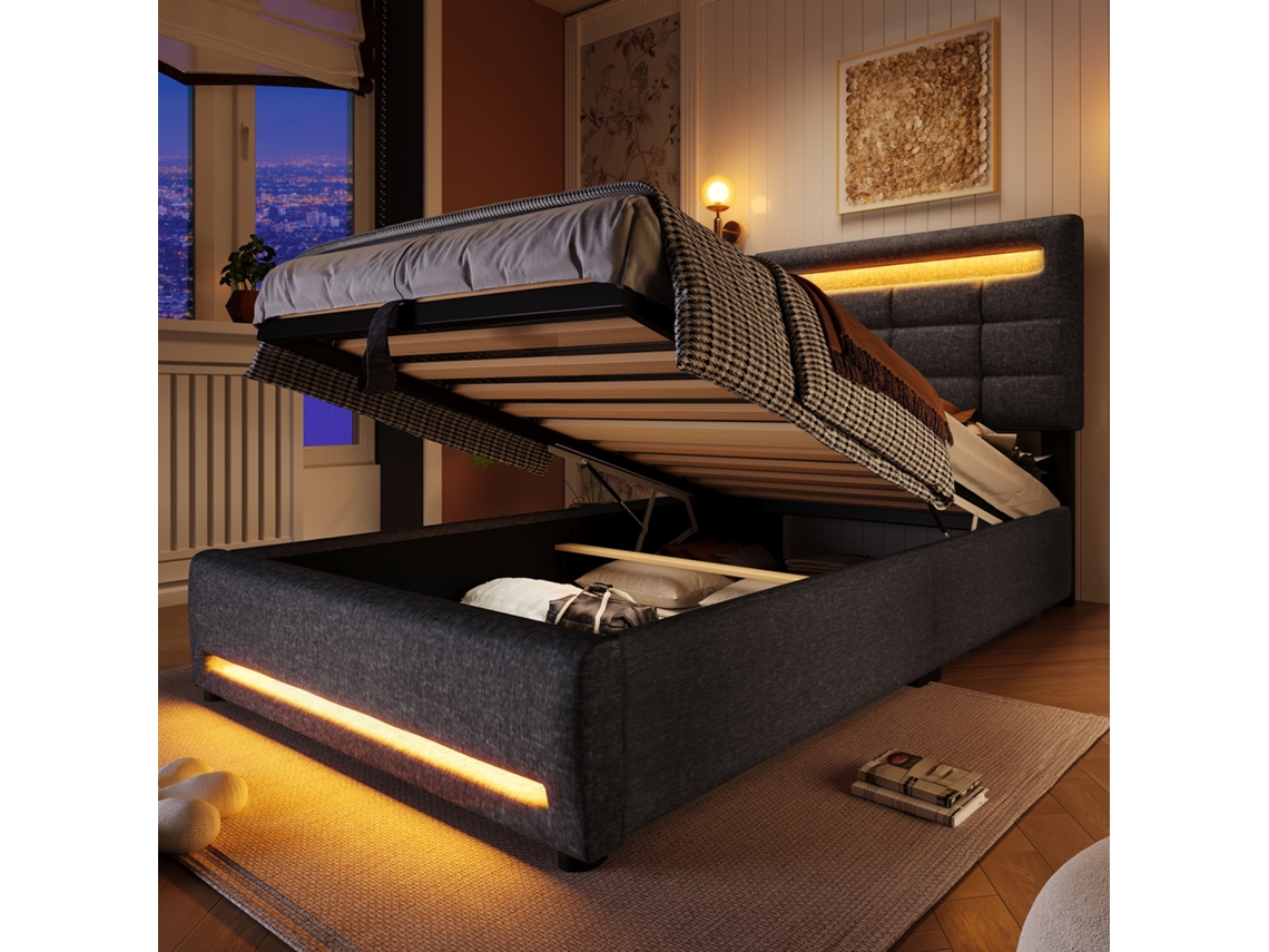 Cama De 90x200 Con Led, Usb, Control Remoto Y Almacenamiento Hidráulico Inteligente.