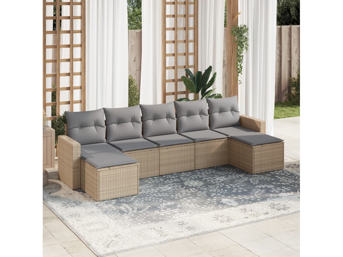 Conjunto de sofá de jardín de 7 piezas con cojines, mimbre sintético beige, Dkd Home Decor