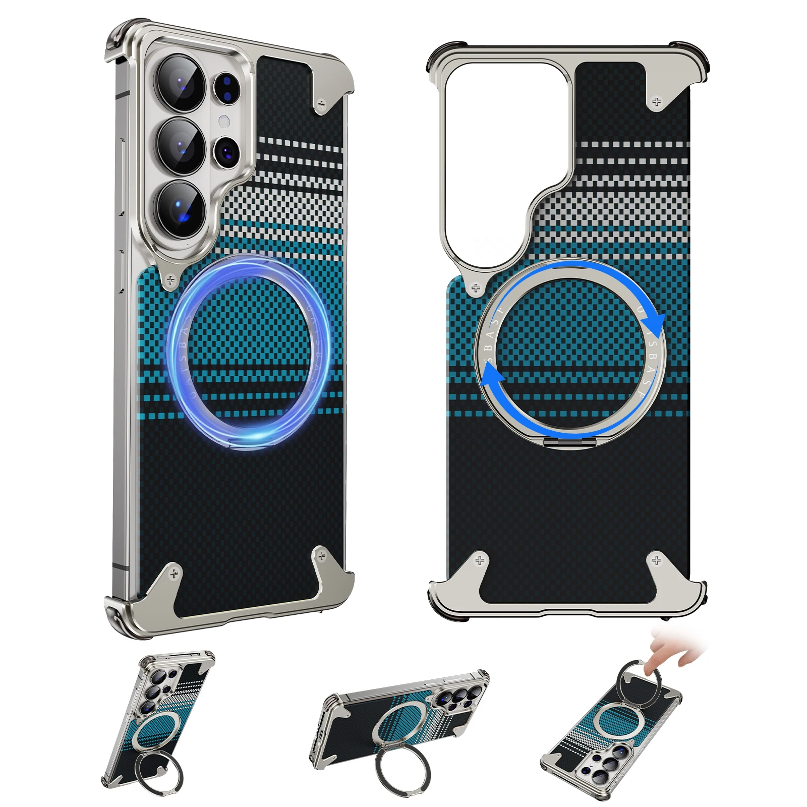 (blue 360 Spin Galaxy S26 Ultra) Funda Para Teléfono Con Soporte, Funda Texturada En Fibra De Carbono, Funda Protectora Antichoque