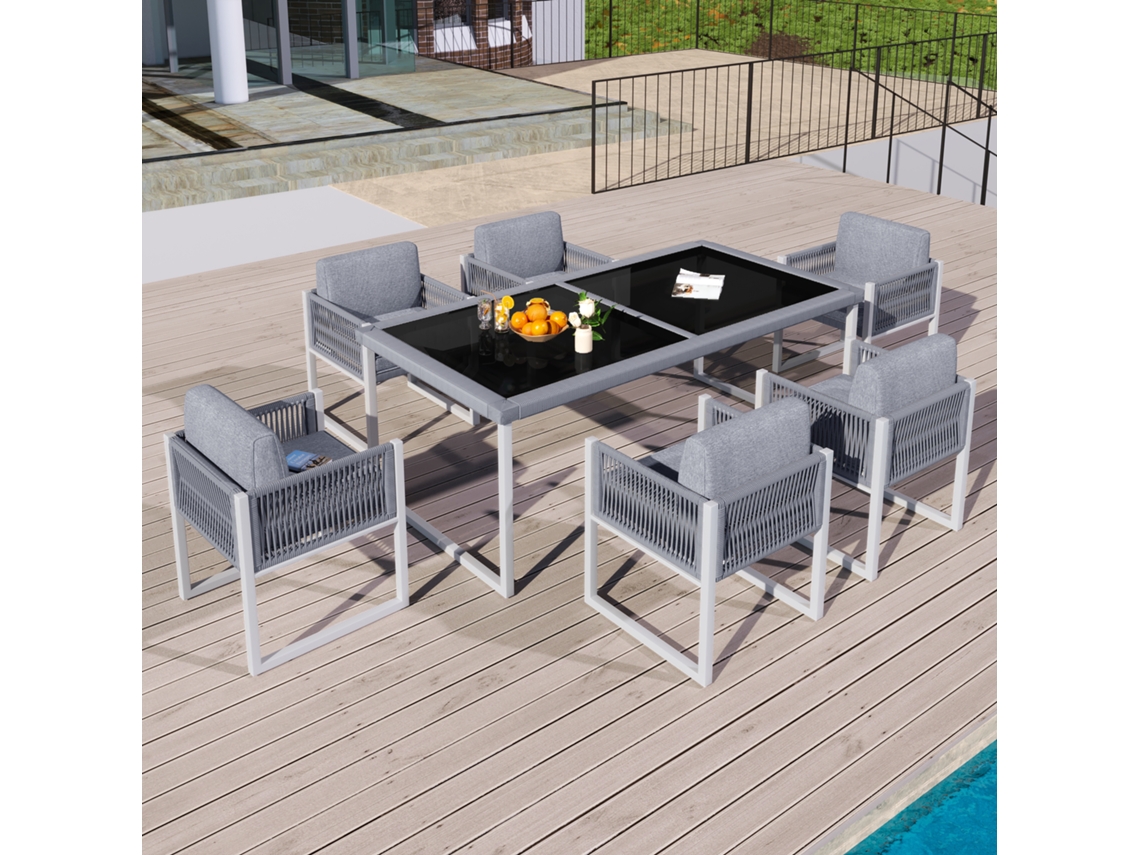 Conjunto De Comedor De Cuerda, Muebles De Jardín Para 6 Personas, Sillones, Funda De Tela Extraíble Y Lavable, Gris, Blanco