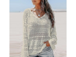2026-chaqueta De Baño Para Mujer De Color Sólido Con Cuello V Y Encaje Crochet, Top De Verano Para Playa Y Piscina