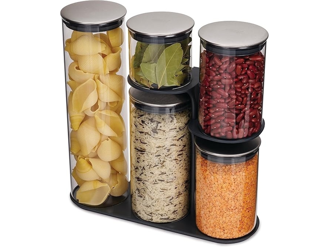 Podium™ Joseph Joseph - Juego de 5 botellas de vidrio para almacenamiento, fácil acceso, tapas herméticas, diseño apilable, acero inoxidable, color gris