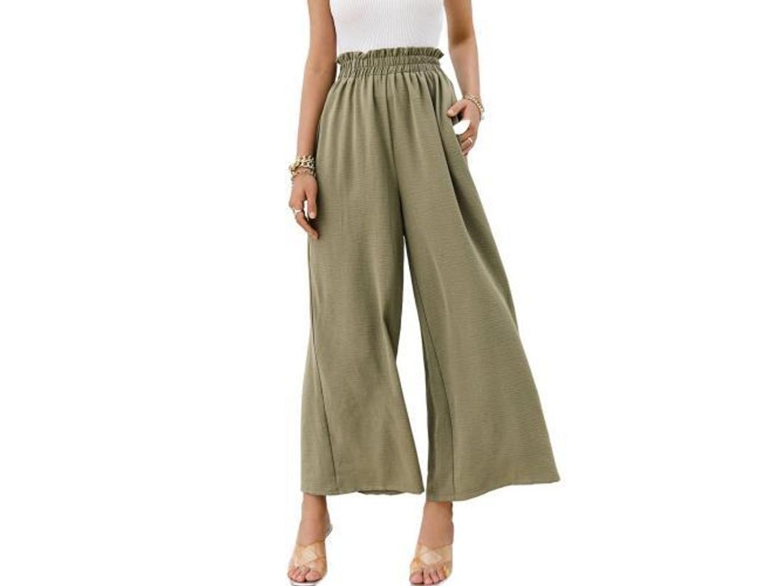 2026-24247-pantalones Altos De Pierna Ancha Boho Para Mujer Fluyentes De Poliéster M Verde Claro