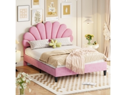 Cama Doble De 140x200 Cm, Cabecero Floral, Terciopelo Rosa, Somier De Láminas, Cama Para Adulto/adolescente, Colchón No Incluido.