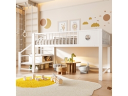Cama Altillo Baja 90x200 Cm, Escalera De Almacenaje, Estructura Metálica Robusta, Niño Adolescente, Seguridad 120 Kg, Blanco