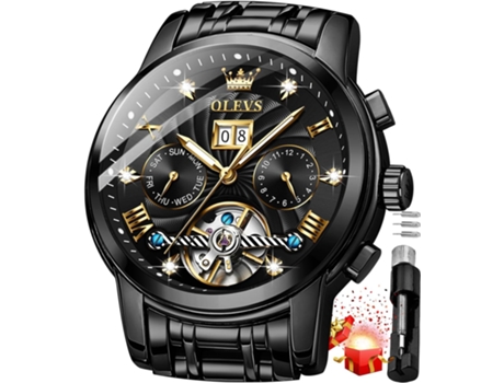 VEANXIN Reloj automático de acero inoxidable Tourbillon hueco mecánico con diamantes dorados para hombre(negro)
