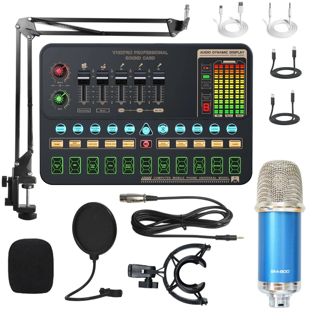 Kit de tarjeta de sonido MDUG con micrófono de condensador (redondo, plateado)