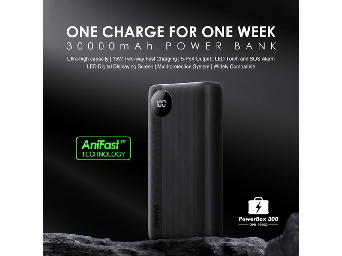 Batería Externa Oraimo Opb-p300q De 30000 Mah, 5 V, 3 A, Con 4 Salidas Y Seguridad Integrada.