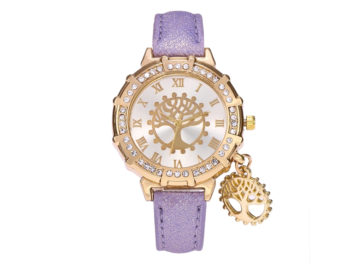 Reloj De Pulsera Para Mujer Con Correa Redonda De Pu, Diamantes De Imitación Y Decoración De Árbol Morado.