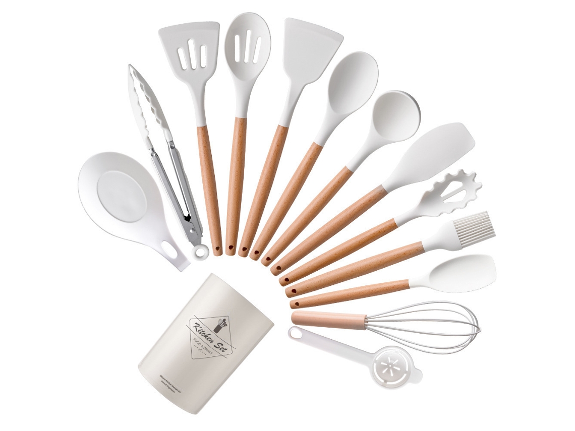 Conjunto de Utensílios de Cozinha 14 Peças Conjunto de Panelas Resistentes Ao Calor de Silicone com Cabo de Madeira Branco 