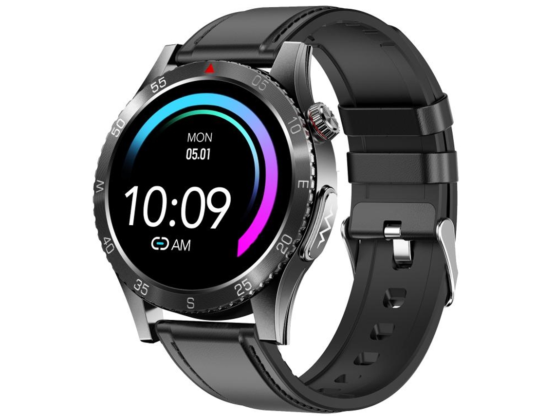 Smartwatch con ECG y correa de piel de 1,43 pulgadas, con asistente de voz inteligente. (negro)