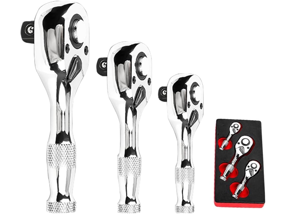 Juego De Llaves De Carraca Stubbys De 3 Piezas, 72 Dientes, 1/4", 3/8", 1/2"