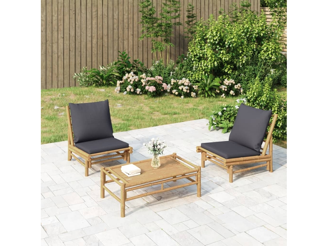 Conjunto de jardín de bambú de 3 piezas DKD Home Decor con cojines gris oscuro