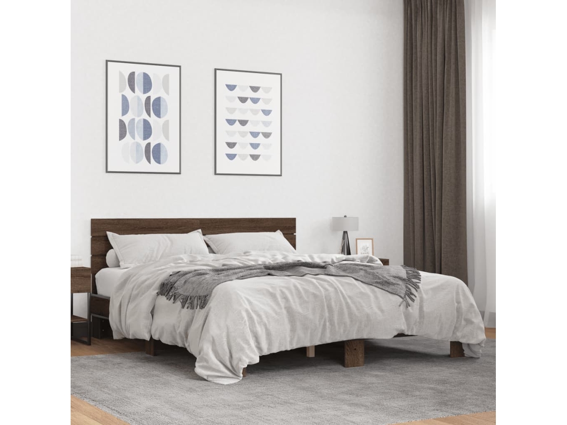 Estructura Cama Madera Ingeniería Metal Marrón Roble 150x200 Cm