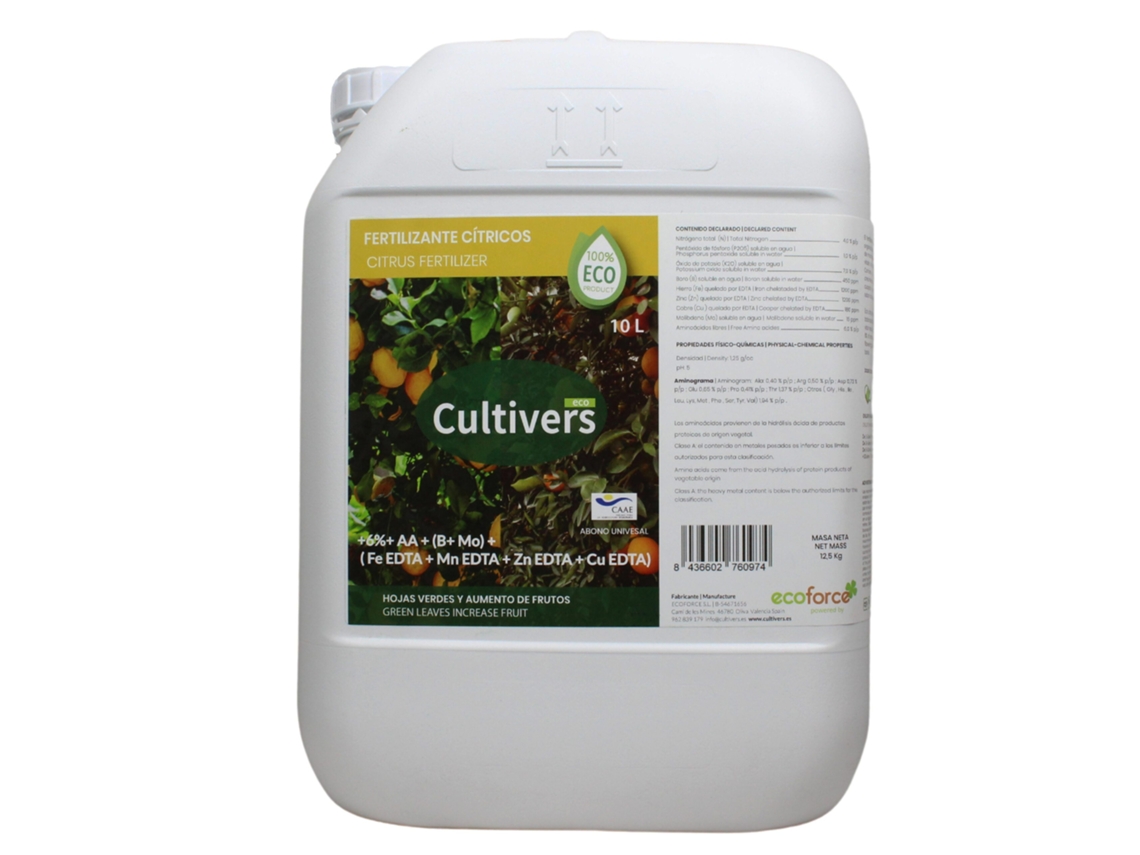 CULTIVERS Fertilizante Cítricos Ecológico 10 L Abono Líquido Hojas más Verdes y Aumenta del Tamaño Fruto. Abono 100% Natural