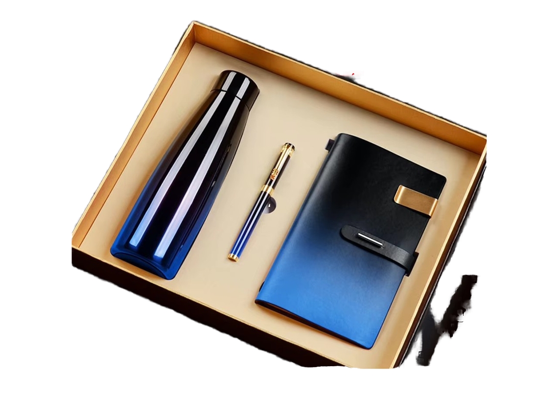 Set de regalo corporativo para clientes/aniversarios. Sfushos (taza térmica azul y negra, bolígrafo y bloc de notas)