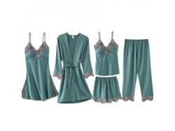 Conjunto De Pijamas De Seda Europea Sexy Para Mujer 5 Piezas Ropa Interior Noche Dkp L Verde