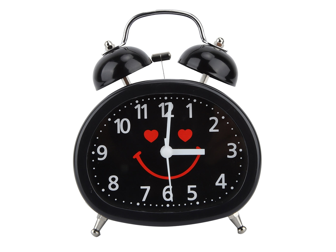 Reloj Despertador De Doble Campana Con Una Bonita Cara Sonriente, Reloj De Mesilla De Noche Negro.