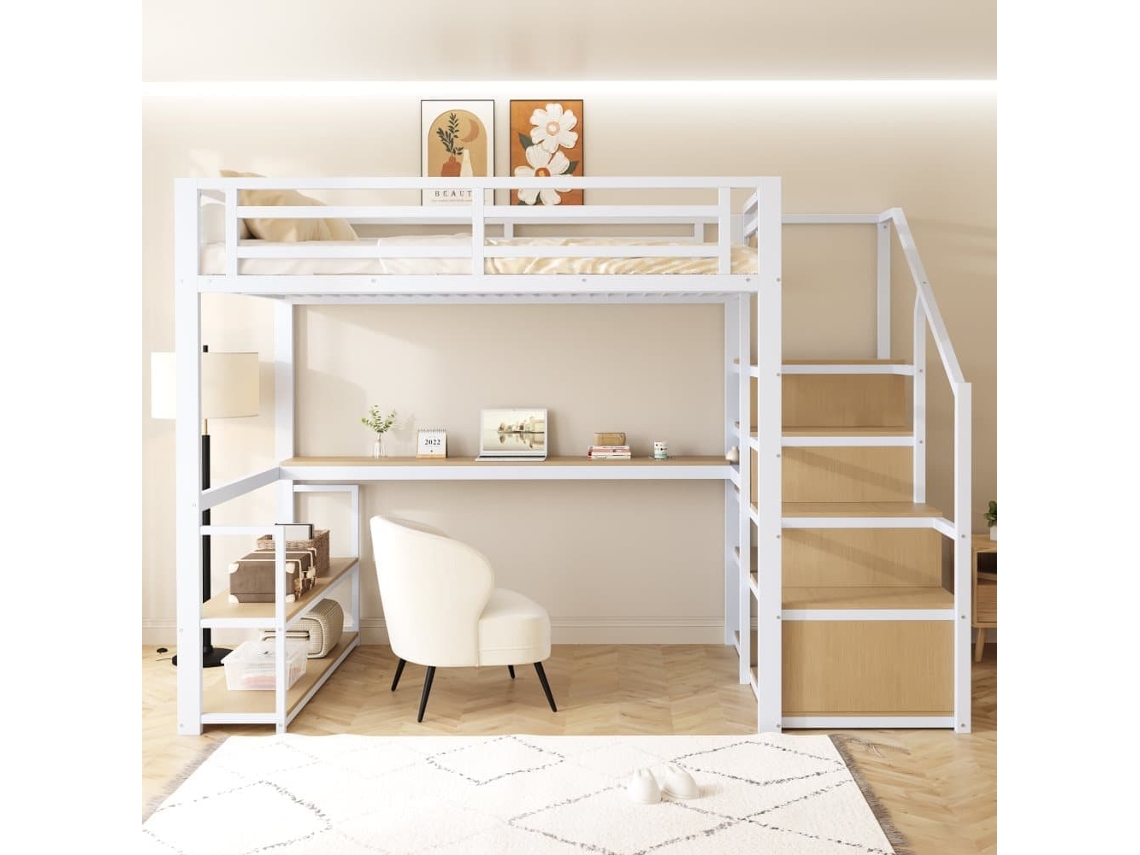 Cama Alta 140x200 Cm, Metal, Escalera Con Almacenaje, Estantes, Mesa, Barandillas, Estructura Estable, Blanco