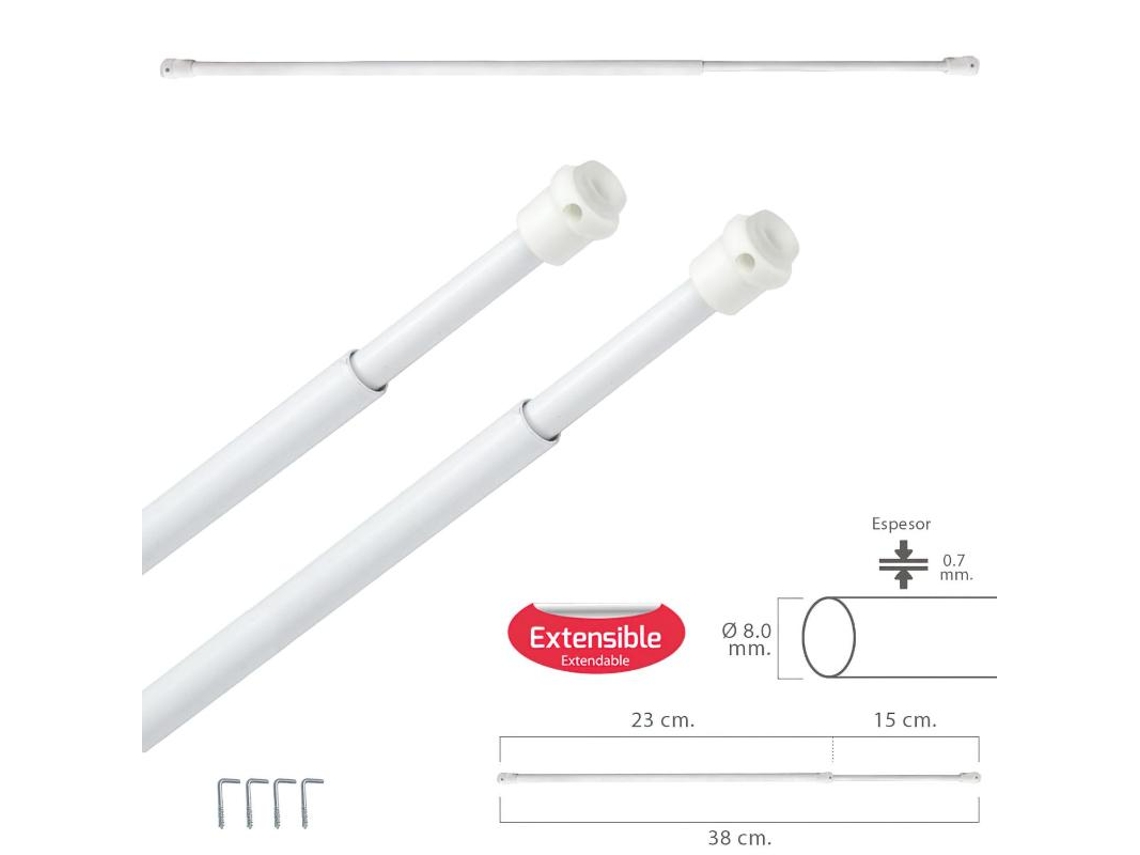 Barra Visillo Extensible 23/38 cm con Muelle Presion. Soportes y Ventosas (2 Piezas) MAURER
