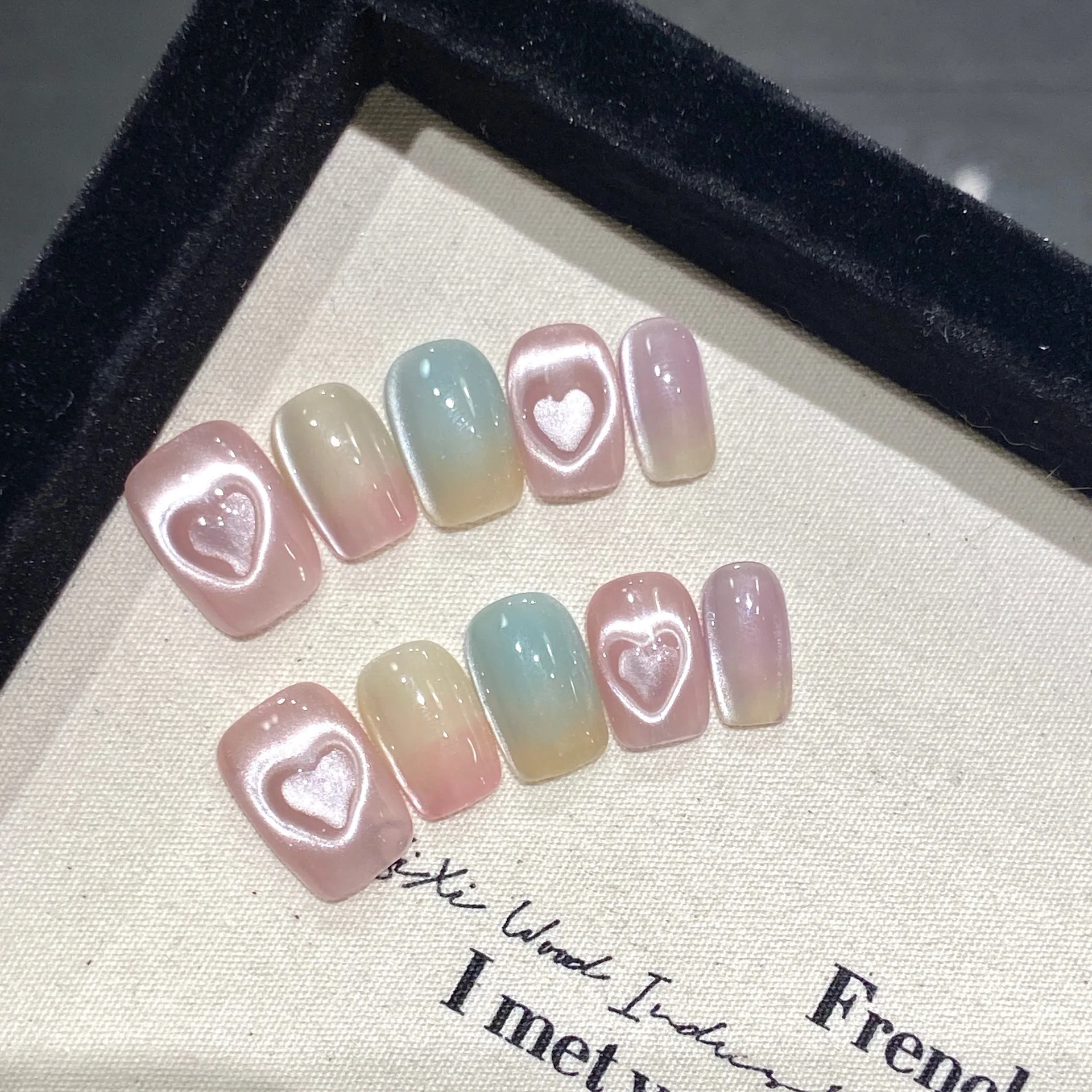 (2056-xs) Uñas Postizas Hechas A Mano Con Diseño De Ojo De Gato, 10 Piezas, Pegatinas Para Uñas De Cobertura Total