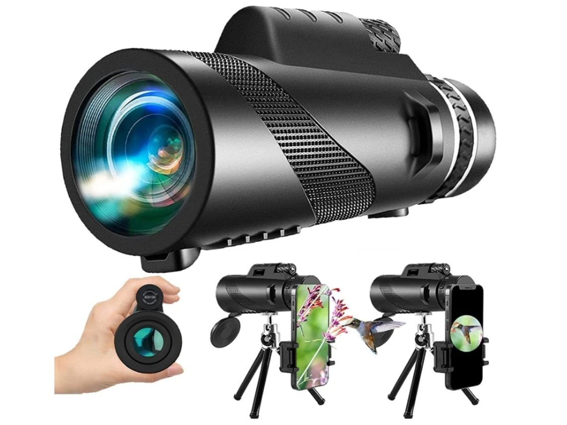 Telescopio monocular compacto USHION 80x100 de alto aumento con trípode, prisma Bak4 y lente FMC, color negro