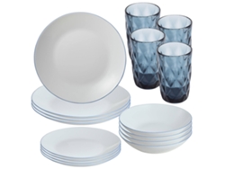Vajilla blanca de 12 piezas, 4 vasos de cristal azul (350 ml) de San Ignacio