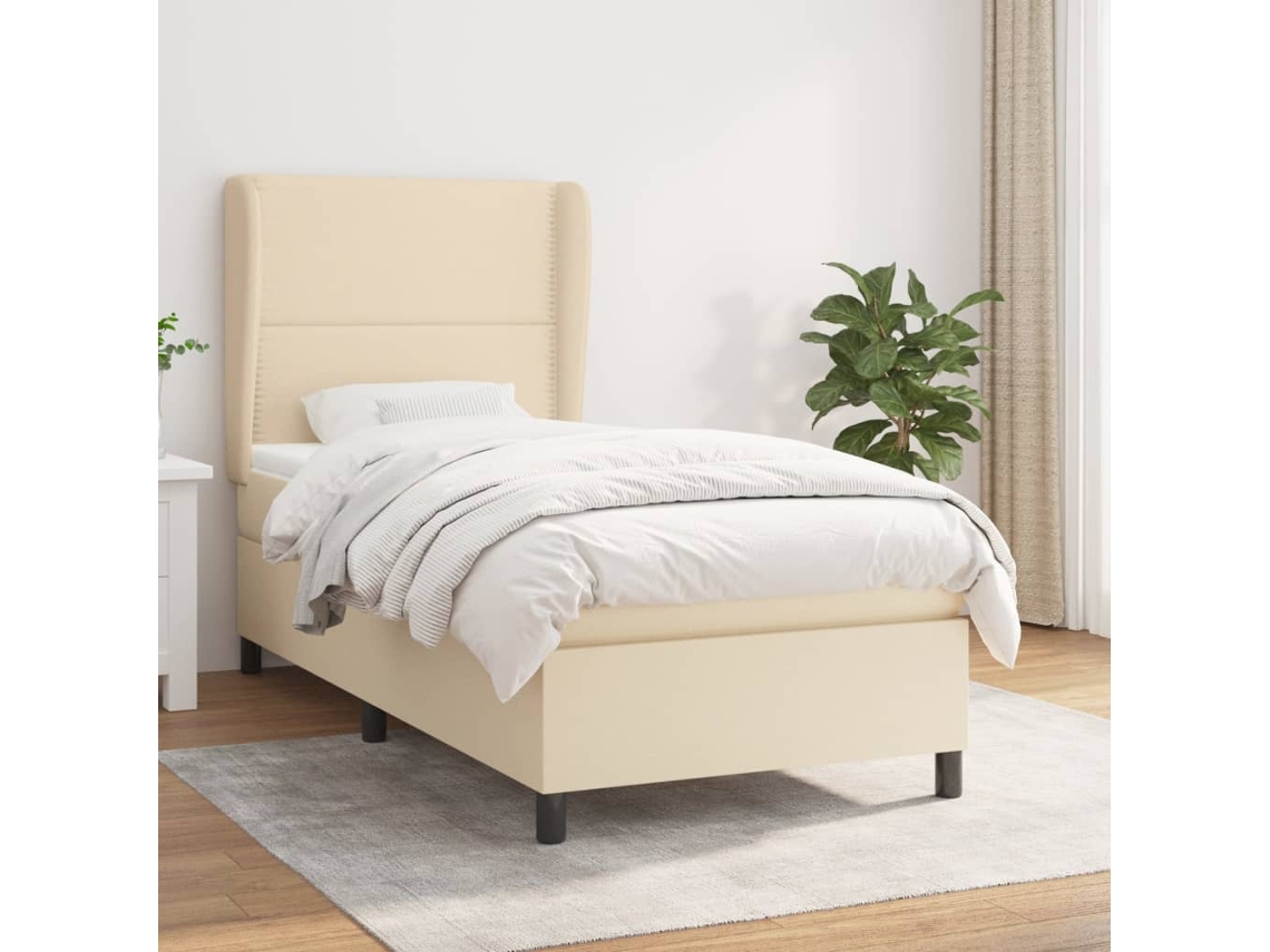 Cama Box Spring Con Colchón Tela Color Crema 100x200 Cm