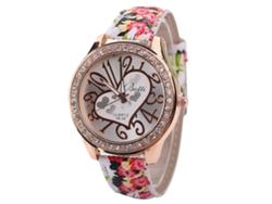 Reloj De Pulsera Para Mujer Con Números Arábigos, Correa De Poliuretano Con Estampado Floral Y Movimiento De Cuarzo Rojo.