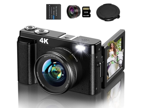 Cámara fotos réflex digital LKC DC101L Regalo de cámara 4K UHD 48MP automático 16X ZOOM Pantalla de 3 pulgadas + Objetivo gran angular + 128G - Neg...