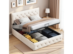 Cama De Matrimonio 160x200 Cm, Tapizada, Base Elevable, Para Adolescentes Y Adultos, Terciopelo Beige.