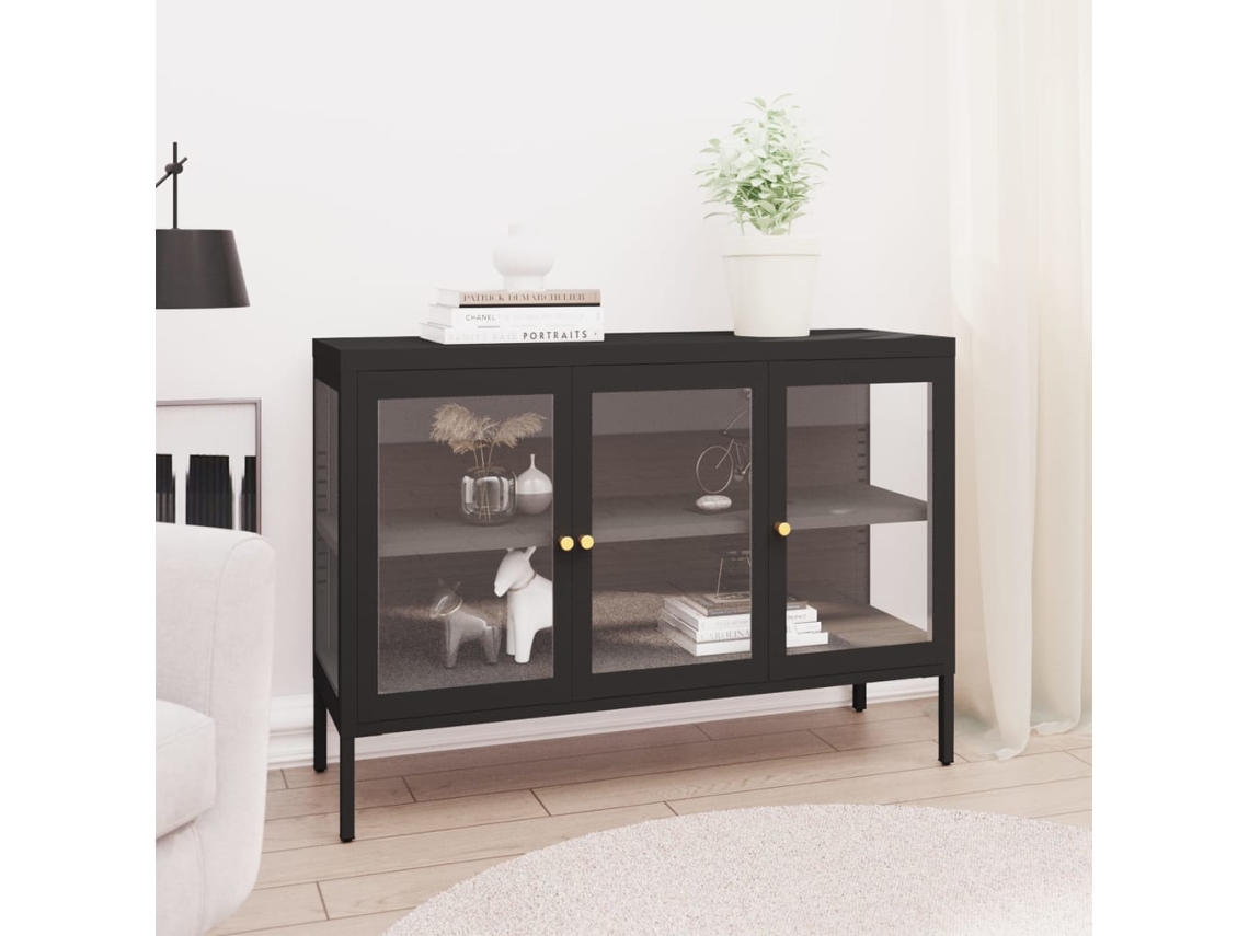 Aparador | Mueble De Comedor | Buffet De Acero Y Vidrio Negro 105x35x70 Cm Wsd640624
