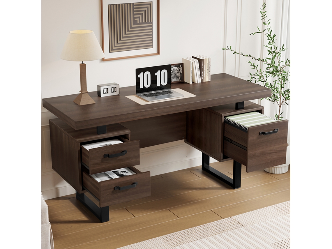 Escritorio Simple 135 X 54 Cm - Mdf Y Acero, Cajón Silencioso, Gaveta Para Carpetas, Resistente Al Agua - Marrón