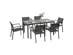 Conjunto de mesa de jardín gris y 6 sillas.