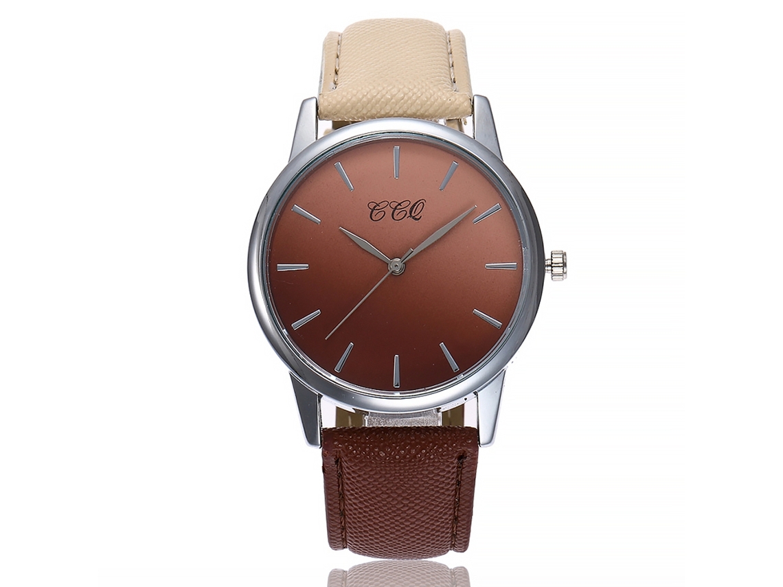 Reloj De Pulsera Unisex De Cuarzo Ccq Con Correa De Piel Sintética Beige Y Marrón.