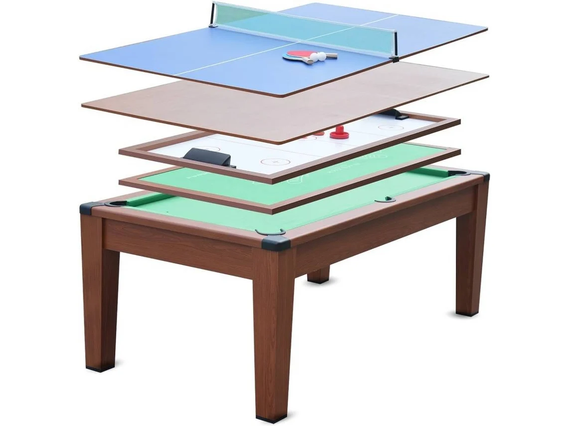 DEVESSPORT Mesa Multijuego 5 en 1: Billar, Ping-Pong, Air Hockey, Póker y Comedor con Accesorios Incluidos