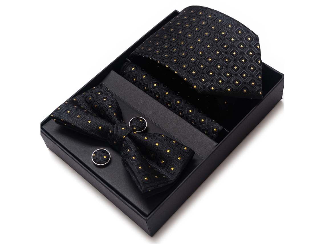 Conjunto De Corbata Negra, Pajarita, Pañuelo, Botones Y Manga Para Hombre, Ideal Para Bodas, Trabajo Y Banquetes.