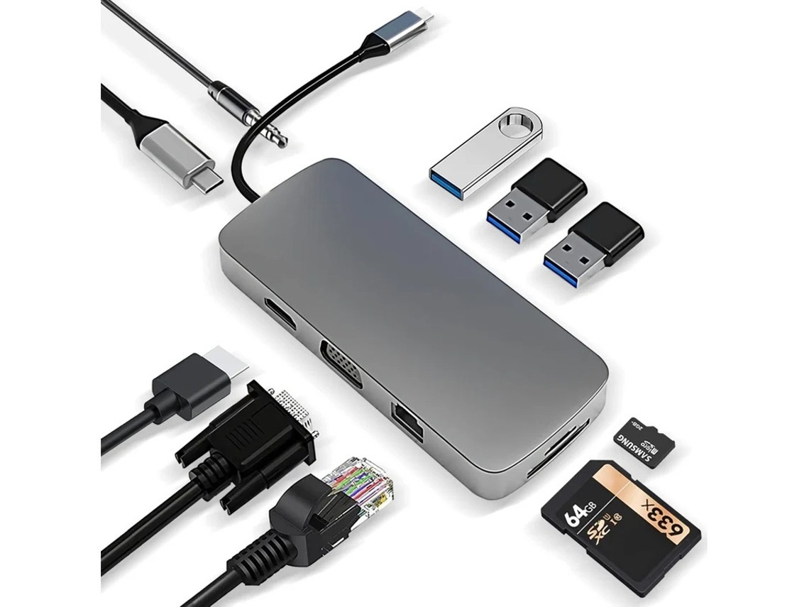 Estación de acoplamiento con concentrador USB-C Adaptador USB-C 10 en 1 con HDMI 4K, VGA, PD de 100 W, puerto USB 3.0, Ethernet RJ45, SD/TF y conector auxiliar de 3,5 mm YIZHOOD