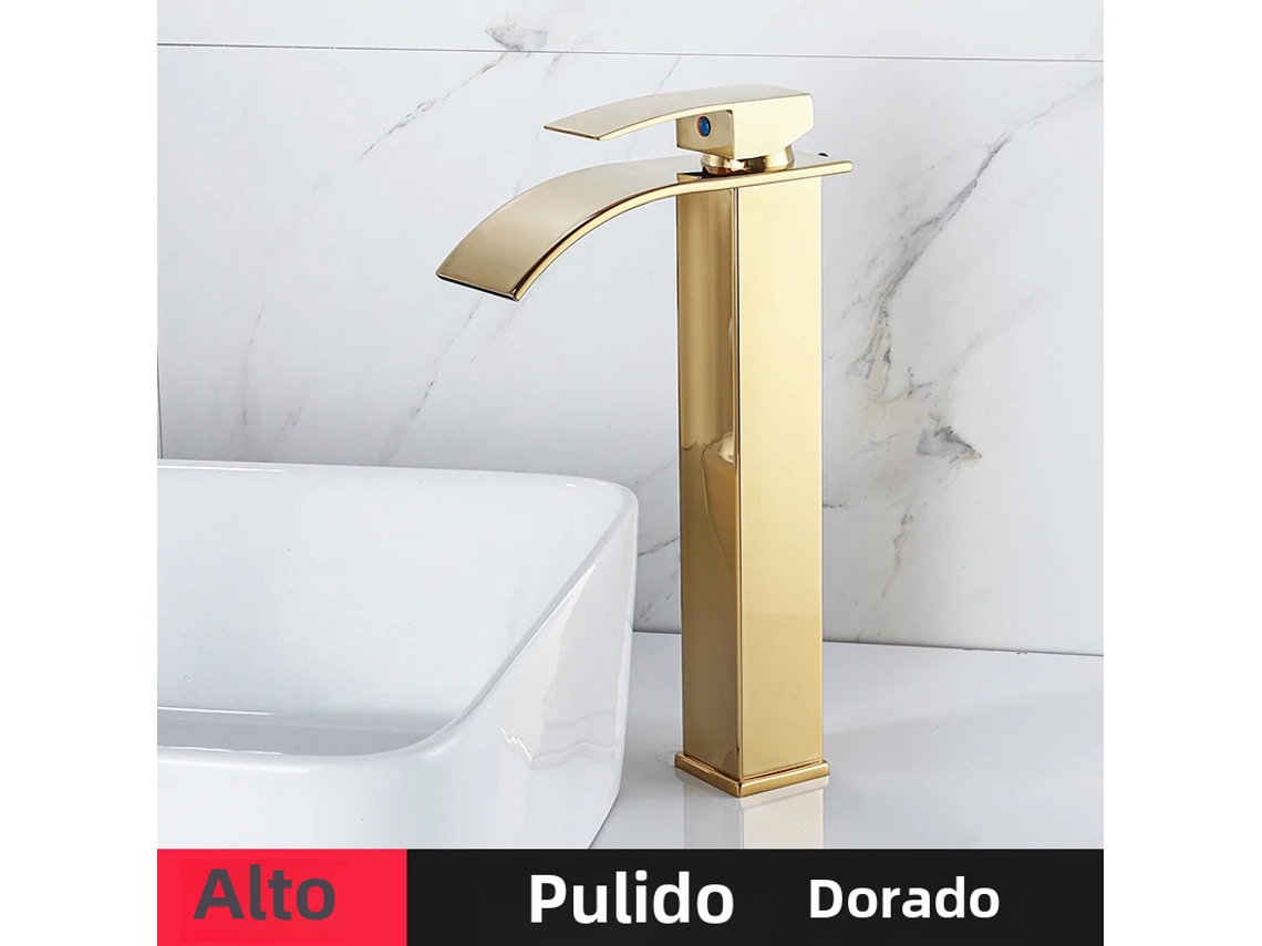 Grifo moderno de acero inoxidable (estilo dorado - largo) con una sola palanca para agua fría y caliente.