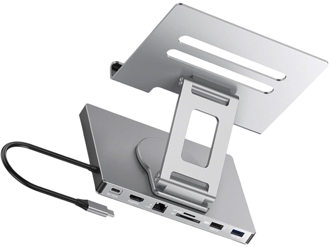 Soporte Giratorio Plegable Para Portátil Con Adaptador Usb-c De 100 W Y 3 Puertos De Red Rj45.