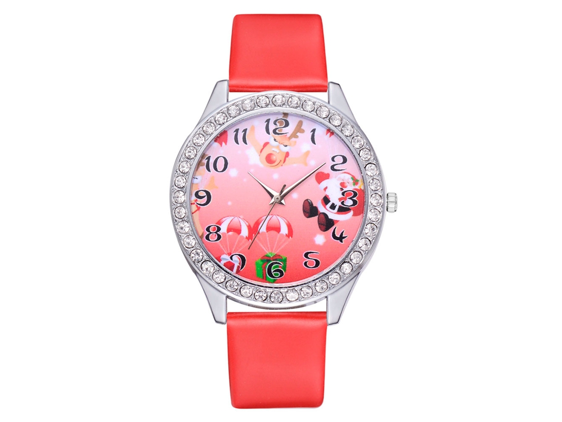Reloj De Cuarzo Informal Para Mujer Con Correa De Pu, Bonito Estampado Navideño, Ideal Para Regalar (rojo).