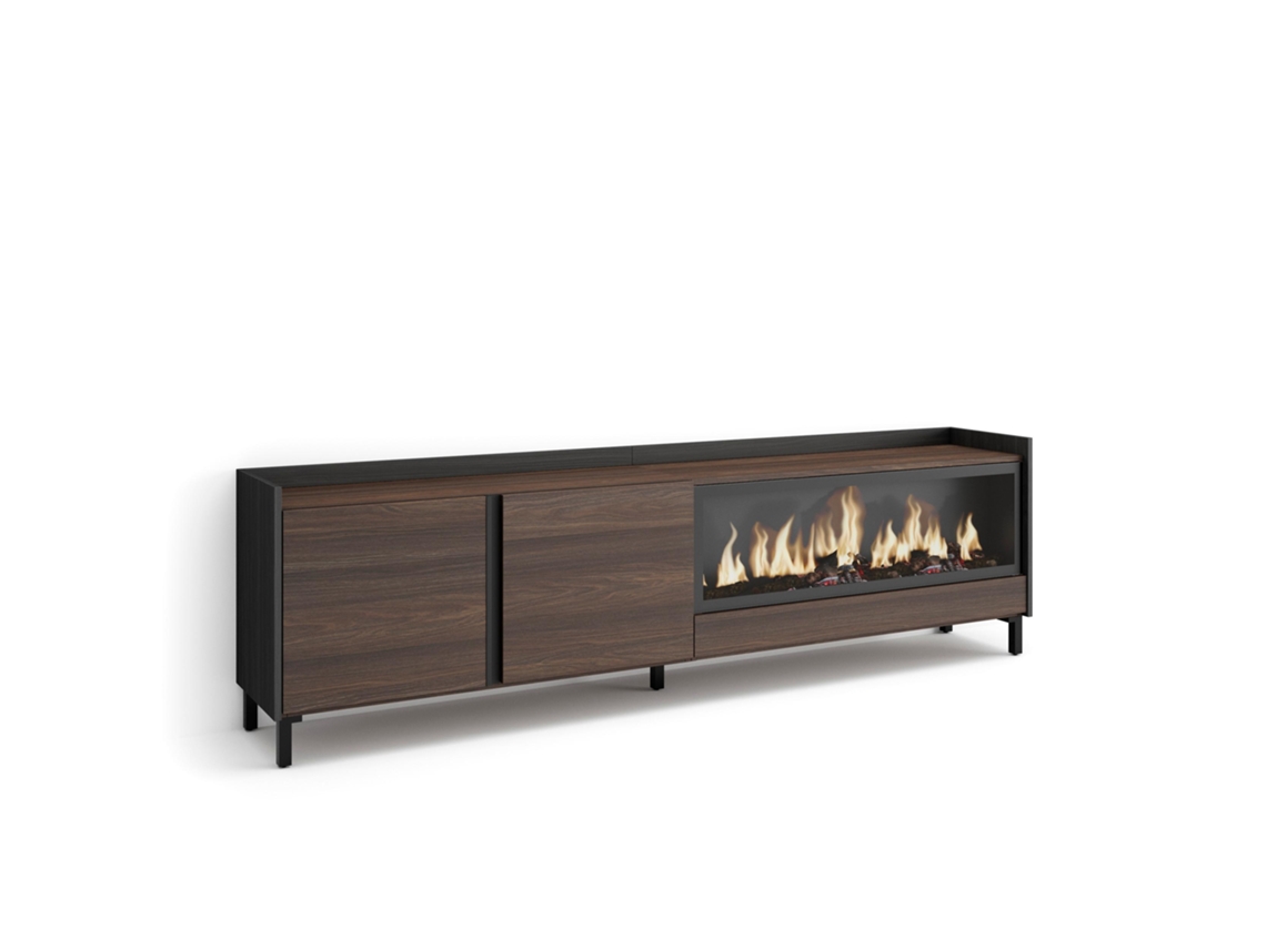 Mueble Tv, Televisión, 212x35x61cm, Para Tv Hasta 80", Chimenea Eléctrica Xxl, Diseño Industrial, Roble Oscuro Y Negro