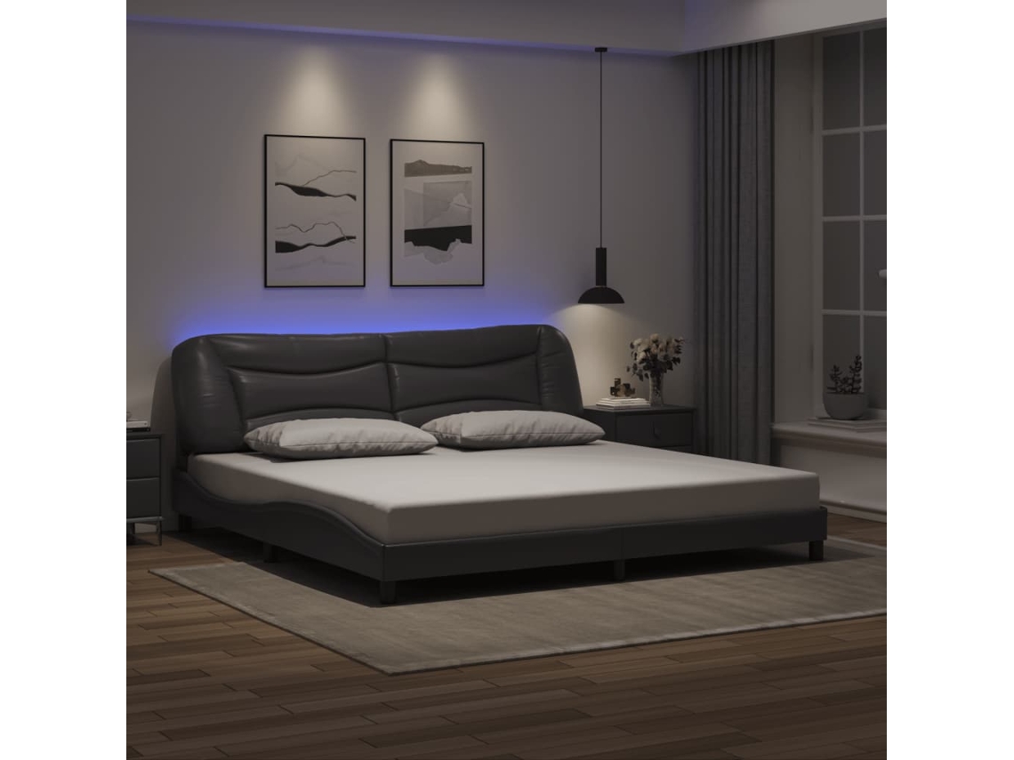 Estructura Cama Con Luces Led Cuero Sintético Gris 200x200 Cm