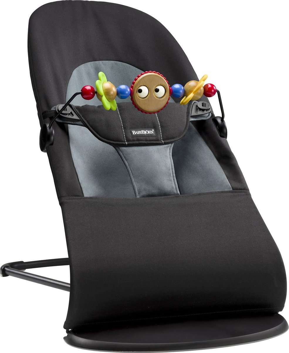 Babybjörn Hamaca Con juguete negrogris oscuro ojitos traviesos balance soft cotton bundle black dark grey marco y