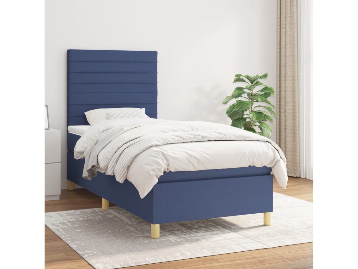 Cama Box Spring Con Colchón Tela Azul 100x200 Cm